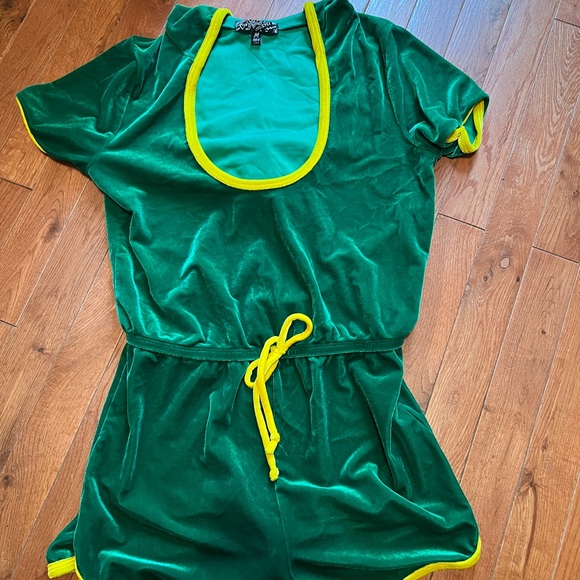 Dolls Kill Tops - Dolls Kill Green Velvet One-Piece Romper with Yellow Trim